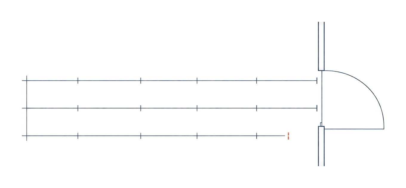 A doorway in plan with three measured lines leading to it; two reach the threshold and one stops short at a rust tick.